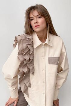 Beige Office Shirt For Spring, Beige Ruffled Collared Tops, Cream Shirt For Office In Spring, Fashion Shirts For Women, Blouse Y2k, Female Blouse, Patchwork Fashion, Fashion Shirts, Y2k Top