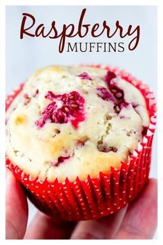 raspberry muffins in a red cupcake liner with text overlay