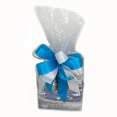 a blue and white gift wrapped in plastic