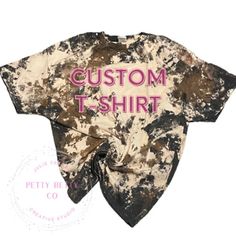 Custom Cowhide Print T-Shirt - Cowhide Bleach Crewneck tshirt  - Cow Print Shirt Cowboy Enter Text you would like on the shirt into the personalization  box - or send image you would like added to the shirt me through messages after purchse. Our Cowhide T-shirts and Sweatshirts are all unisex sizing. Each shirt will have its own unique beauty. Please browse photos to see a variety of how your shirt may come out! Please keep in mind, every single item is handmade. Sweatshirts are bleached and ready for your design! Quick turnaround time for an awesome gift! Custom Cowhide Print T-Shirt - Cowhide Bleach Crewneck tshirt  - Cow Print Shirt Cowboy Customizable Unisex Cotton T-shirt, Customizable Short Sleeve Graphic Tee With Sublimation Design, Tie Dye Graphic Tee With Custom Print, Brown Short Sleeve Top With Sublimation Print, Custom Print Tie Dye Graphic Tee, Brown Pre-shrunk Graphic Tee, Cowhide Bleached Shirts, Cowhide Print Tshirt, Brown Pre-shrunk Graphic Tee T-shirt