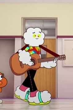 an animated image of a person playing the guitar in front of a cat and dog