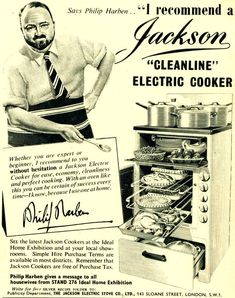 an old advertisement for electric cooker with a man in apron cooking on the stove