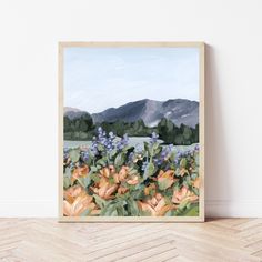 an oil painting of flowers in front of a white wall and wooden floor with a chevron herringbone pattern