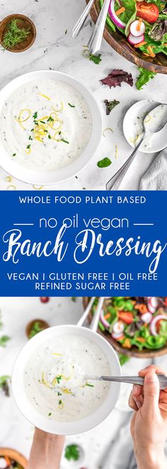 a person holding a spoon in front of a bowl of soup with the words, whole food plant based no oil vegan ranch dressing