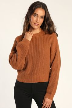 We can't wait for days where we can style the Lulus Winter Wishing Rust Brown Cutout Twist Back Sweater! Medium gauge ribbed knit shapes this chic and surprising sweater that has a mock neckline, dropped shoulders, and a boxy silhouette. Back brings the fun with a twisted detail and flirty, eye-catching cutouts. Fabric: Fabric is very stretchy. Unlined. 100% Polyester. Hand Wash Cold. Do Not Bleach. Line Dry. Iron Low Heat. Imported. Lulus | Winter Wishing Rust Brown Cutout Twist Back Sweater | Fall Ribbed Cropped Sweater For Work, Ribbed Cropped Sweater For Fall Workwear, Trendy Fall Sweater With Ribbed Neckline, Fall Ribbed Knit Top For Layering, Solid Knit Cropped Sweater For Fall, Stretch Cropped Sweater Chunky Knit For Fall, Solid Color Knit Cropped Sweater For Fall, Ribbed Knit Top For Fall Layering, Fall Chunky Knit Stretch Cropped Sweater