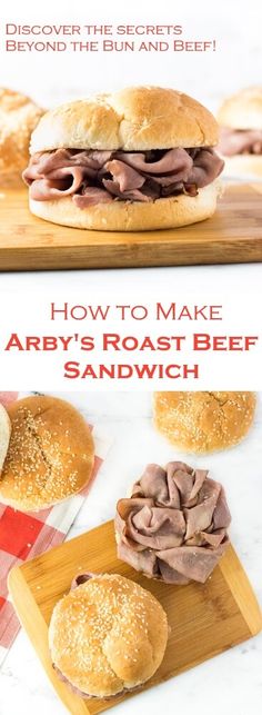 how to make an arby's roast beef sandwich on a cutting board with text overlay