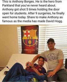 two people sitting on a bed with the caption'this is anthony borces, he is the hero from barcelona that got shot 5 times holding the door open for students after 9 surges