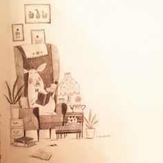 a drawing of a dog sitting in a chair next to a table with a vase on it