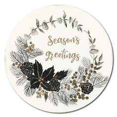 a white and gold christmas card with pine cones, holly leaves and berries on it