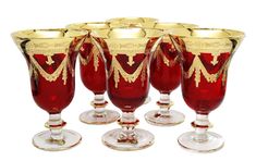 PRICES MAY VARY. (6) Premium Wine Goblets 10 oz. 6 1/2"h - Ruby Red Hand decorated with 24K gold - Heirloom Quality Old World, Traditional Vintage design Made in Italy Nested Gift Box Made In the famous Italian Glass factory, Interglass, these wine glasses are made of highest quality crystal and are hand decorated with 24 karat gold. Since the beginning the company has concentrated its efforts on realization of articles with high artistic and historical content referring them to the Florentine R Christmas Table Centerpieces Wine Cups, Red Glass Dishes Table Settings, Red Gold Decor, Fancy Wine Glasses, Juice Glass Set, Crystal Goblets, Crystal Champagne Flutes, Champagne Flute Set, Crystal Wine Glasses