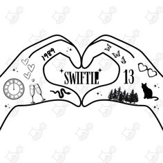 two hands making a heart shape with the words swiftie on it and other symbols