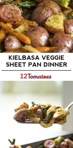 a pan filled with different types of veggies on top of each other and the words kelbbasa veggie sheet pan dinner below