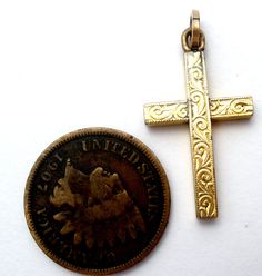 Antique Religious Jewelry - This is a gold filled etched Victorian cross pendant that is reversible and can be worn on either side. It is 1.1" (28mm) long, slightly over over .5" (15mm) wide. Victorian Stamped Gold Jewelry, Nickel-free Gold Crucifix Jewelry, Nickel-free Gold Cross Necklace, Antique Nickel-free Cross Pendant Jewelry, Gold Stamped Spiritual Jewelry, Gold Cross Necklace With Nickel-free Cross Pendant, Engraved Yellow Gold Crucifix Jewelry, Engraved Bronze Jewelry For Memorial, Gold Etched Jewelry For Commemoration