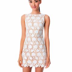 Alice + Olivia Off White Lace Overlay Clyde Shift Dress Round Neckline Sleeveless Back Zip Closure Mini Length A-Line Silhouette Regular Fit Lined Outer: 100% Polyester Lining: 94% Polyester, 6% Elastane Imported Fitted Sleeveless Mini Dress With Scalloped Lace, Sleeveless Lace Mini Dress For Daywear, Sleeveless Scalloped Lace Dress For Daywear, Sleeveless Lace Dress With Scalloped Lace For Daywear, Feminine Sleeveless Mini Dress With Scalloped Lace, Sleeveless Lace Dress For Daywear, Feminine Sleeveless Lace Dress For Daywear, Off White Lace Dress, Olivia White