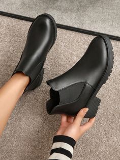 Black  Collar     Embellished   Women Shoes Casual Ankle Boots, Botas Chelsea, Open Toe Slippers, Women Ankle Boots, Chelsea Boots Women, Outdoor Boots, Wedge Ankle Boots, Platform Loafers