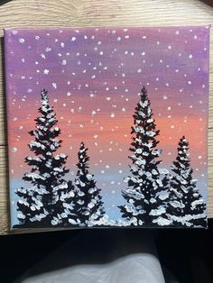 an acrylic painting of snow covered trees on a purple and pink background with white dots