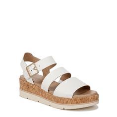 a women's white sandal with two straps and corks on the bottom