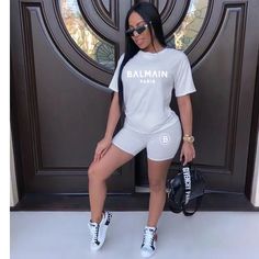 Short Sleeve T Shirt Biker Shorts Summer Outfits Two Piece Shorts Set, Two Piece Short Set, Summer Shorts Outfits, Clothing Plus Size, One Piece Outfit, Tracksuit Women, T Shirt And Shorts, Famous Brands, Shorts Set