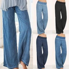 Indulge in effortless luxury with our Casual Elastic Waist Denim Wide Leg Pants. Crafted with superior comfort and a trendy wide leg design, these pants will elevate your everyday looks. The elastic waist ensures a perfect fit while the denim material adds a touch of classic sophistication. Perfect for any occasion. Denim Wide Leg Pants, Women High Waist Pants, Wide Leg Pants Jeans, Denim Wide Leg, Casual Denim Pants, Wide Leg Palazzo Pants, Jean Straight, Fashion Jeans, Pantalon Large