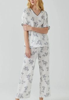 100% Cotton Floral Pajama Pants Women Navy Embroidery PJ Set - Etsy White Spring Sleepwear For Home, Spring Sleepwear With Relaxed Fit, Cotton Floral Print V-neck Sleepwear, Printed Sleepwear For Spring Loungewear, Printed Sets With Relaxed Fit For Sleep, Printed Relaxed Fit Sleep Sets, Casual Summer Home Sets, Casual Home Sets For Summer, Comfortable Cotton Sleepwear For Vacation