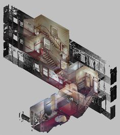 an aerial view of the inside of a house with stairs and other rooms in it