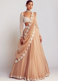 Buy Beige Lehenga Set With Full Sleeved Pearl Embellished Blouse for only £662.00 at Fabilicious Fashion! Beige Lehenga, Sweetheart Blouse, Vani Vats, Pearl Chandelier