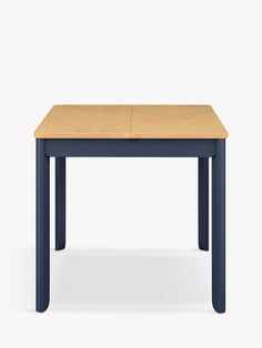 a blue table with a wooden top and two different sections on the bottom, in front of a white background