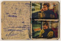 an old book with writing on it and two pictures of a boy looking at something