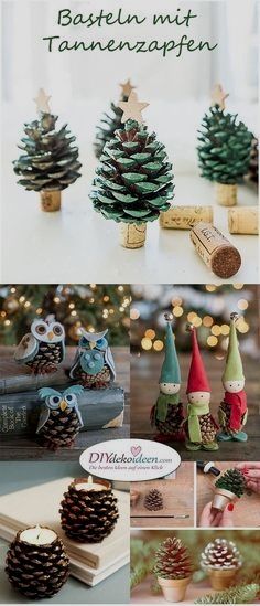 christmas decorations made out of pine cones and other things are shown in this collage