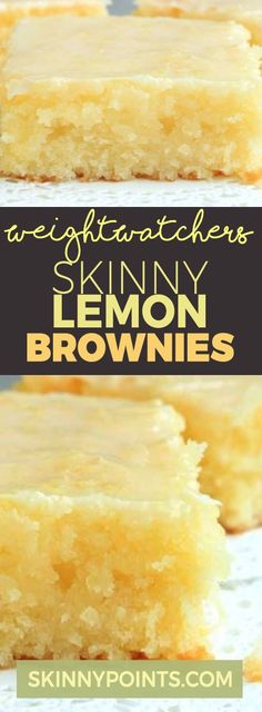 three different pictures of lemon brownies with text overlay