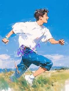 a painting of a man running in the grass