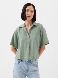 Relaxed Gauze Popover Top | Gap Factory Rich Girl Fashion, Gauze Blouse, Simple Casual Outfits, Gauze Top, Johnny Collar, Women Shirt Top, Diy Sewing Clothes, Summer Inspiration, Rich Girl