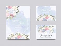 wedding card with watercolor flowers and greenery on the front, back and side