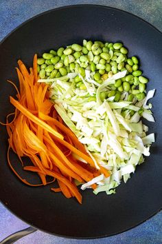 carrots, cabbage and edama in a frying pan