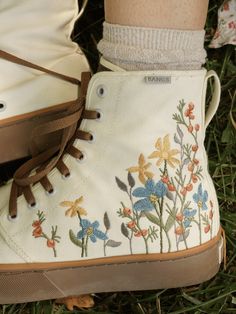 Sunshine Meadow Platform High Top Sneakers | BANGS Shoes | Embroidered Canvas High Top Embroidery, Embroidery On Sneakers, Spring Floral Embroidered Round Toe Sneakers, Casual Boots With Floral Embroidery And Round Toe, Embroidered High Tops, Bangs Sneakers, Cottagecore Shoes, Embroidered Converse High Tops, Platform High Tops