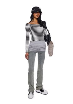 This off the shoulder top has a striped pattern, long sleeves, and a stretchy fit. Halloween Costume Boots, Trapeze Artist, Plus Swim, Black Dolls, Off The Shoulder Long Sleeve, Group Costumes, Black Doll, Festival Dress, Off The Shoulder Top