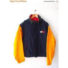 ON SALE 25% TOMMY Hilfiger Colorblock Big Logo Embroidery Vintage 90's... ($88) ❤ liked on Polyvore featuring outerwear, coats, orange coat, checked coat, vintage windbreaker jacket, blue coat and orange windbreaker Tommy Clothes, Hilfiger Outfits, Vintage Tommy Hilfiger Jackets, 90s Color Block, 90's Hip Hop, Outfits Retro, Embroidery Vintage, Orange Hoodie