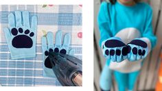 two pictures one with blue gloves and the other has black paws on it's fingers