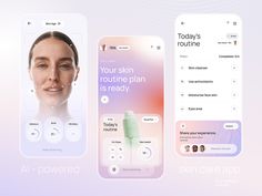 three screens showing the skin care app on their smartphones, with an image of a woman's face