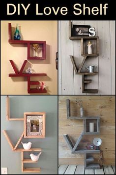 diy love shelf made out of pallet wood and some other things to make it look like they are floating