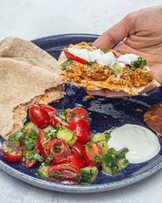 a person holding a sandwich over a blue plate with salad and pita bread on it