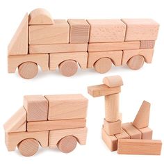 wooden toy truck and blocks on white background