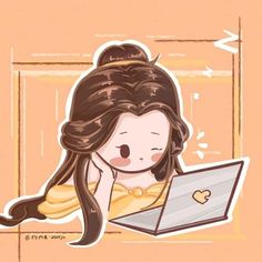 a girl with long hair using a laptop