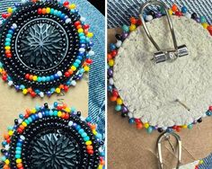 Rainbow colored beads around black native starburst cabochon. The earrings are backed with buckskin leather and fingernail post closure. The earrings are made by Cherokee Nation tribal artist. Beaded Star, Native American Earrings, Beaded Jewlery, Beaded Earring, Rainbow Beads, Jewelry Inspo