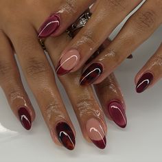 fall nail colors are everything to me 🥀🥀 - service : #gelx #gelextensions #nails #nailsofinstagram #trendynails #pinterestnails #nailsnailsnails #nailart #fallnails Nail Burgundy And Gold, Dark Red And Brown Nails, Dark Red Nails Design Classy, November To December Nails, Winter Colored Nails, Nails That Go With Every Outfit, Ahs Nails Ideas, Maroon Nails With Chrome, Burgundy Oval Nails