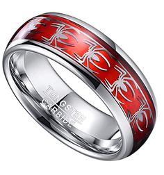 High quality Wedding ring band Ring 8mm for men or women. This beautiful silver tone Tungsten Carbide ring is 8mm in width. Domed ring with red inlay covered with gray / silver spider patterns. Our Tungsten Carbide rings are scratch proof and keep their shine. Tungsten Carbide is ranked second hardest next to diamond on the Mohs scale, diamond being a 10 followed by Tungsten Carbide as 9. Mens Tungsten Carbide Wedding ring bands Spiders - Silver and Red. Hypoallergenic. Tungsten carbide is high Mens Red Wedding Rings, Mens Wedding Rings Firefighter, Mens Promise Rings Red, Marvel Inspired Wedding Rings, Mens Promise Ring Red, Spiderman Wedding Ring, Cool Wedding Rings Couple, Spider Man Wedding Theme, Spider Man Ring