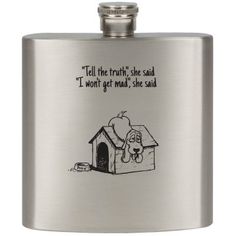 a stainless steel flask with an image of a dog and his house