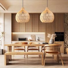 a dining room table with chairs and a bench in front of an open kitchen area