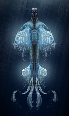 an image of a creature with wings floating in the water and light shining on it's body