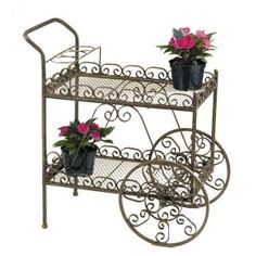 two potted plants sitting on top of a metal cart with flowers in the bottom